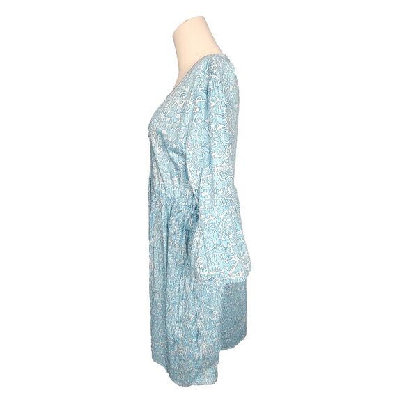 Susan Albright Dress L The Fripp Blue Aqua Blue White Cotton Tie Side Happy Plac - Picture 3 of 16